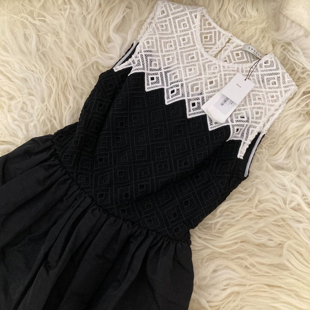 SANDRO Black & White Sleeveless Crochet Fit & Flare Dress - Picture 6 of 15